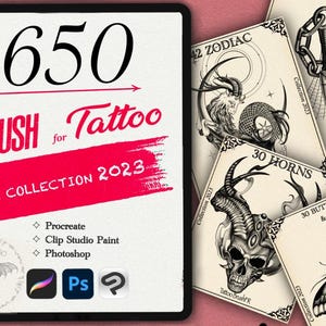 Può includere: Un tablet digitale che mostra una collezione di 650 pennelli per tatuaggi per Procreate, Clip Studio Paint e Photoshop. L'immagine mostra una varietà di stili di pennelli, tra cui corna, farfalle e segni zodiacali.