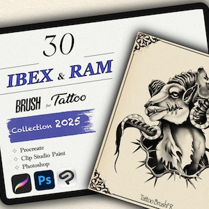 Peut inclure: Publicité pour une collection d'art numérique. Elle présente une illustration détaillée d'une tête de bélier avec de grandes cornes et un collier épineux. Le texte indique "30 IBEX & RAM BRUSH Tattoo Collection 2025" avec des icônes de logiciels.