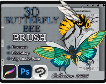 30 BUTTERFLY and BEE BRUSHES for Procreate / Photoshop / Clip Studio Paint (Collection 2023)