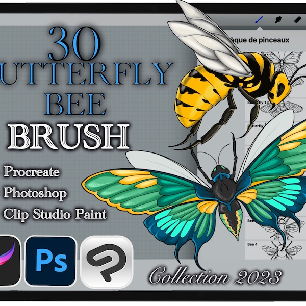 30 BUTTERFLY and BEE BRUSHES for Procreate / Photoshop / Clip Studio Paint (Collection 2023)