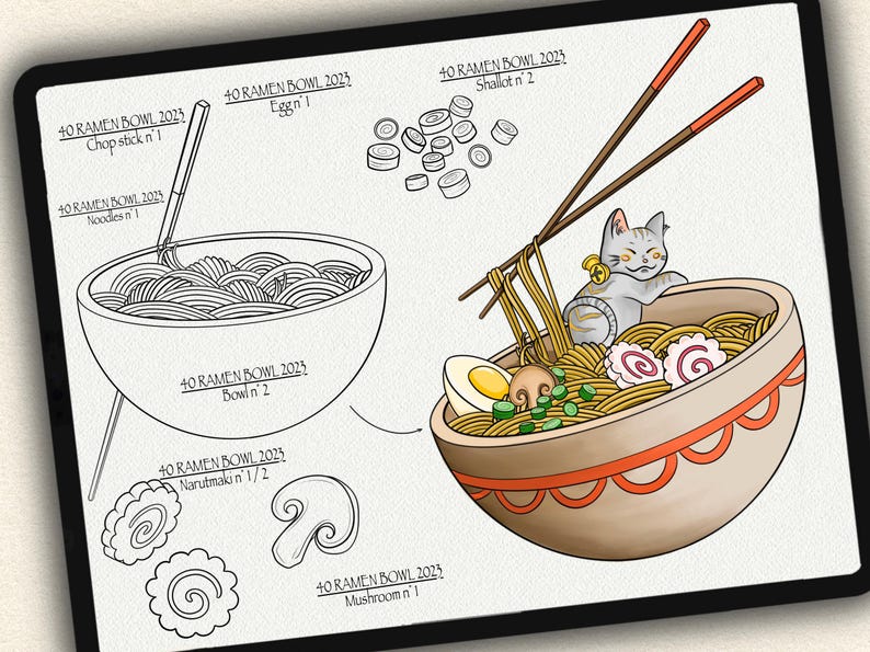 Puede incluir: Un dibujo en blanco y negro de un cuenco de ramen con fideos, un hongo, un narutomaki y un palillo. Una ilustraci&oacute;n a color de un cuenco de ramen con un gato sentado en &eacute;l, un huevo duro, un hongo, un narutomaki y cebollas verdes. El texto "40 RAMEN BOWL 2025" est&aacute; escrito en la p&aacute;gina.
