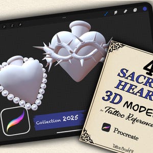 Może przedstawiać: Cyfrowa ilustracja modeli 3D Świętego Serca do odniesienia tatuażu. Obraz przedstawia tablet z dwoma białymi wzorami serca, jeden z koroną cierniową. Karta głosi "4 Modele 3D Świętego Serca do odniesienia tatuażu."