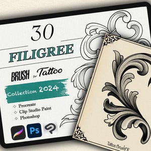May include: A collection of 30 filigree tattoo brushes for Procreate, Clip Studio Paint, and Photoshop. The image shows a black and white filigree design with the text "Tattoo BrushFR".