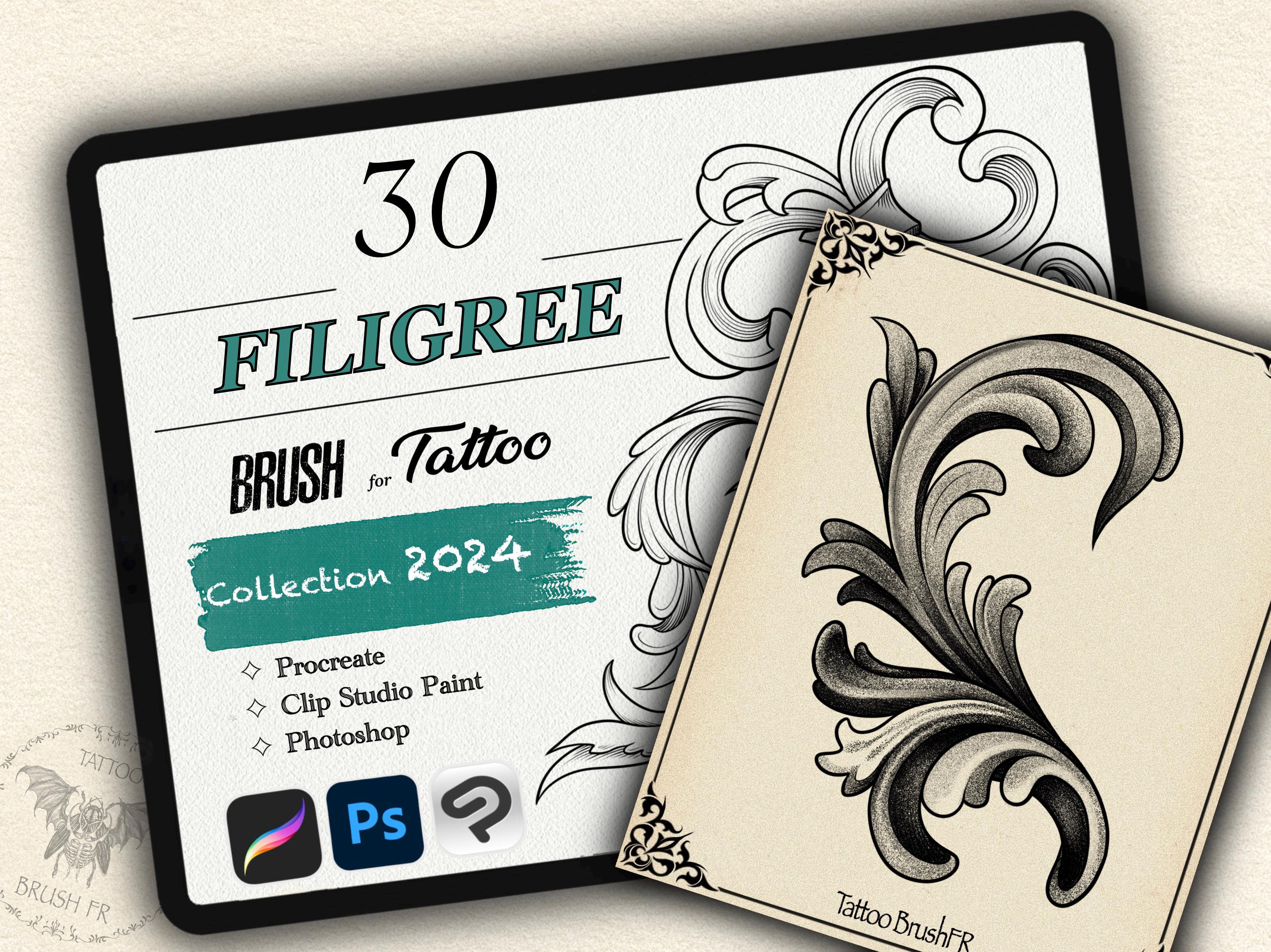 30 Pinceles de Filigrana y Marca de Agua para Procreate, Photoshop y Clip Studio Paint (Set 2024)