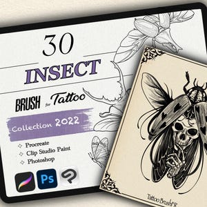 K&ouml;nnte beinhalten: Eine digitale Illustration einer Sammlung von 30 Insekten-Tattoo-Pinseln f&uuml;r Procreate, Clip Studio Paint und Photoshop. Das Bild zeigt eine Schwarzwei&szlig;illustration eines K&auml;fers mit einem Sch&auml;del und Herzen auf dem R&uuml;cken.