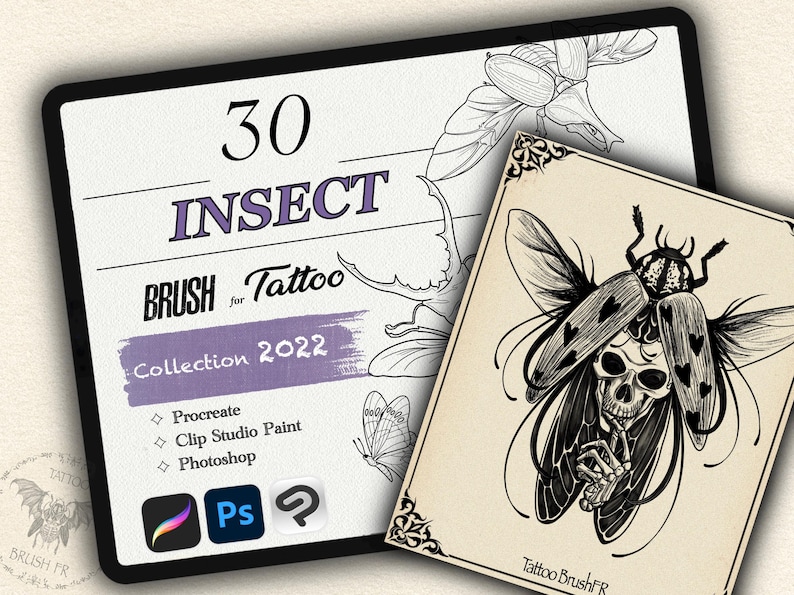 K&ouml;nnte beinhalten: Eine digitale Illustration einer Sammlung von 30 Insekten-Tattoo-Pinseln f&uuml;r Procreate, Clip Studio Paint und Photoshop. Das Bild zeigt eine Schwarzwei&szlig;illustration eines K&auml;fers mit einem Sch&auml;del und Herzen auf dem R&uuml;cken.