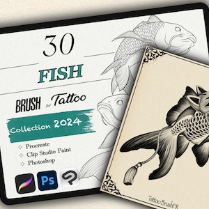 Peut inclure: Une illustration numérique de 30 pinceaux de tatouage de poissons pour Procreate, Clip Studio Paint et Photoshop. L'image montre une collection de motifs de poissons, dont un poisson-koi avec un masque, et le texte "30 FISH BRUSH for Tattoo Collection 2024".