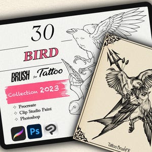 May include: A digital illustration of a collection of 30 bird tattoo brushes for Procreate, Clip Studio Paint, and Photoshop. The image shows a black and white illustration of two birds with a trident and leaves.