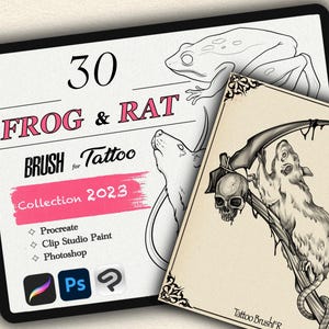 May include: A digital illustration of a frog and a rat, with the text "30 FROG & RAT BRUSH for Tattoo Collection 2023" and logos for Procreate, Clip Studio Paint, and Photoshop.