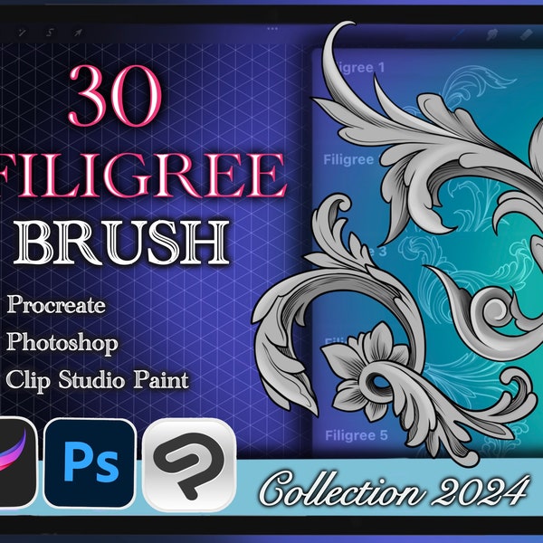 30 FILIGREE BORSTEL voor Procreate/Photoshop/Clip Studio Paint (collectie 2023)