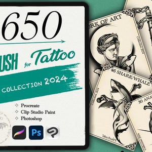 May include: A digital art collection titled "650 Brush for Tattoo Fall Collection 2024." The image features a black-framed white background with text and icons. Several tattoo-themed flash art cards are also visible, showcasing various designs.