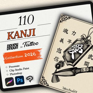 Può includere: Collezione di arte digitale per tatuatori. L'immagine presenta una scheda con il testo "110 KANJI BRUSH Tattoo Collection 2026" e icone software. Una seconda scheda mostra un'illustrazione dettagliata di un ciondolo giapponese e un coltello kunai.
