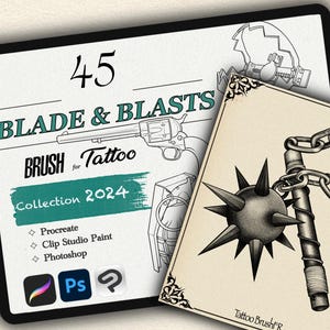 以下が含まれることがあります： デジタルタトゥーアートコレクションの広告。メインカードには、銃と手榴弾のイラストとともに「45 BLADE & BLASTS」と表示されています。2枚目のカードには、スパイク付きのメイスが表示されています。ソフトウェアの互換性がリストされています。
