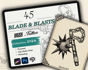 May include: A digital art collection advertisement featuring tattoo-style illustrations. The main card displays "45 BLADE & BLASTS" with a revolver and grenade sketch. A second card shows a spiked mace. Software compatibility is listed.