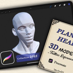 May include: A digital illustration of a 3D planar head model displayed on a tablet screen. The tablet also shows the Procreate app icon and the text "Collection 2025". A card with the text "PLANAR HEAD 3D MODELS for Tattoo Reference" is next to the tablet.