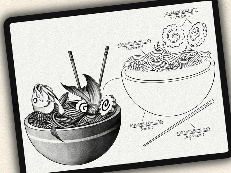 Puede incluir: Una ilustraci&oacute;n en blanco y negro de un cuenco de ramen con fideos, un pez y narutomaki. El cuenco est&aacute; rodeado de palillos y texto que dice "40 RAMEN BOWL 2025" y "Noodles n' +", "Narutmaki n 1/2", "Bowin' 2", y "Chop stick n' 2".