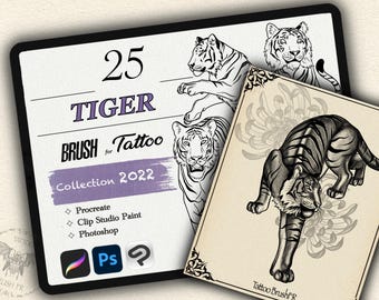 May include: A collection of 25 tiger tattoo brush designs for Procreate, Clip Studio Paint, and Photoshop. The designs feature tigers in various poses, including a tiger with a flower behind it.