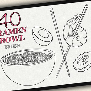 Puede incluir: Una ilustraci&oacute;n en blanco y negro de un cuenco de ramen con fideos, una gamba, una torta de pescado, un huevo y palillos. El texto "40 RAMEN BOWL BRUSH" est&aacute; escrito en letras rosas.