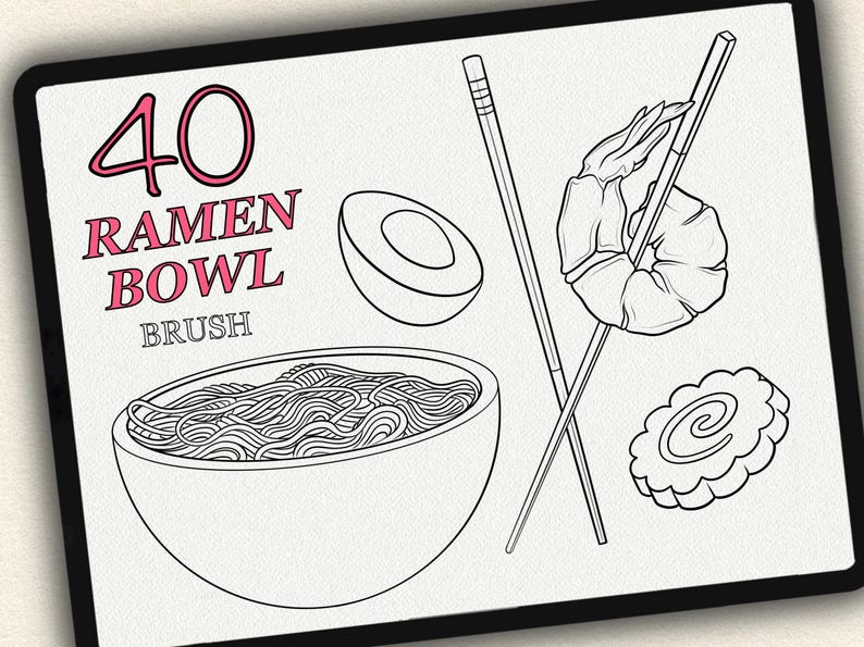 Puede incluir: Una ilustraci&oacute;n en blanco y negro de un cuenco de ramen con fideos, una gamba, una torta de pescado, un huevo y palillos. El texto "40 RAMEN BOWL BRUSH" est&aacute; escrito en letras rosas.