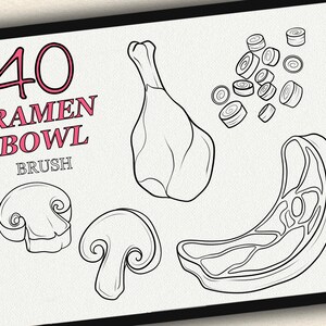 Puede incluir: Una ilustraci&oacute;n en blanco y negro de 40 elementos de pincel para cuenco de ramen. La ilustraci&oacute;n incluye una pierna de pollo, un hongo, un bistec y una pila de cebollas en rodajas.