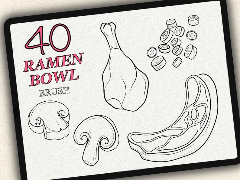 Puede incluir: Una ilustraci&oacute;n en blanco y negro de 40 elementos de pincel para cuenco de ramen. La ilustraci&oacute;n incluye una pierna de pollo, un hongo, un bistec y una pila de cebollas en rodajas.