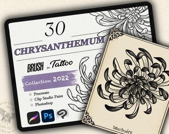 May include: A digital illustration of a chrysanthemum flower, with a black and white color scheme. The image is part of a collection of 30 tattoo brushes for Procreate, Clip Studio Paint, and Photoshop. The text "BRUSH for Tattoo Collection 2022" is visible in the image.