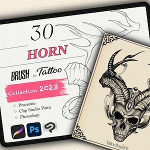 Könnte beinhalten: Eine digitale Illustration eines Schädels mit Hörnern, umgeben von Rauch. Das Bild ist mit "Tattoo BrushFR" beschriftet und Teil einer Sammlung von 30 Hornbürsten für Procreate, Clip Studio Paint und Photoshop.
