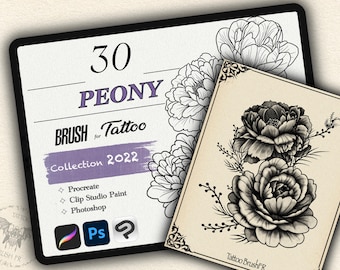 May include: A digital illustration of 30 peony tattoo brush designs for Procreate, Clip Studio Paint, and Photoshop. The image shows a collection of black and white peony flowers with intricate details.