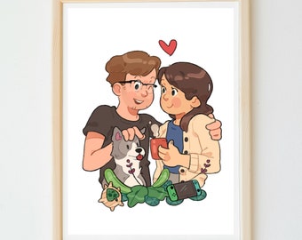 cute custom couple portrait, illustrated in a cartoony style, with pets, family, anniversary gift, hand-made digital drawing from photo