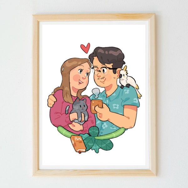 cute custom pet and owner portrait, illustrated in a cartoony style, couple, family, anniversary gift, hand-made digital drawing from photo