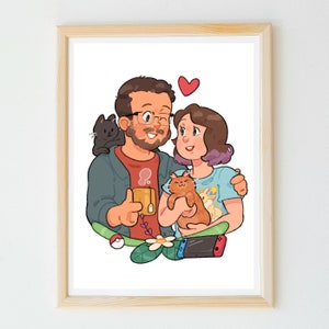 Süßes individuelles Paarporträt, illustriert im Cartoon-Stil, mit Haustieren, Familie, Jubiläumsgeschenk, handgemachte digitale Zeichnung vom Foto