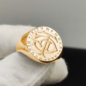 Personalized Monogram Solid Gold 14K Ring, Custom Emblem Family Crest Ring, Coat of Arm Ring, Anniversary Ring, Handmade Signet Ring