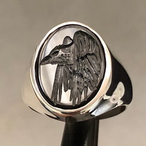 Carved Crow Gemstone Signet Ring - Raven Natural Stone intaglio Signet Ring - Viking Symbols