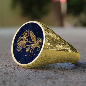 Roman & Byzantine Symbols - Hand Carved Signet Ring in Lapis Lazuli Stone, Intaglio Ring