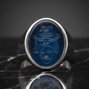 Hand Carved Family Crest Signet Ring: Sterling Silver Intaglio Gemstone Seal Band