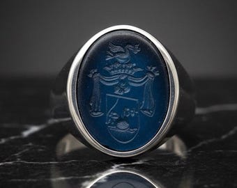 Anello con sigillo di famiglia intagliato a mano: anello con sigillo in argento sterling con pietra preziosa intagliata