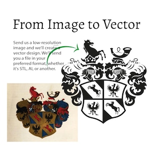 May include: Image with the text "From Image to Vector". The image shows a black and white vector design of a coat of arms with a horse, horn, and shield. A smaller, coloured version of the coat of arms is also shown.