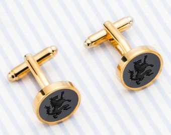 Personalized Custom Gemstone Engraved Cufflinks, Gold Initial Cuff links for husband, Silver handmade cufflinks for groomsmen, Heraldic