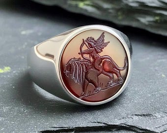 Personalized Cupid-Lion Sterling Silver Intaglio Signet Ring