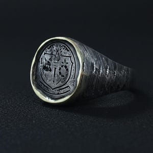 Custom Crest Signet Antique Ring: Oxidized Sterling Silver, Family Logo Jewellery