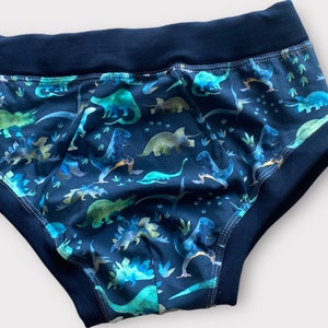 May include: Black underwear with a blue and green dinosaur print.