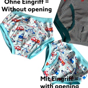 May include: Two pairs of blue and white underwear with a fire truck pattern. The top pair has the text "Ohne Eingriff = Without opening" and the bottom pair has the text "Mit Eingriff = with opening".