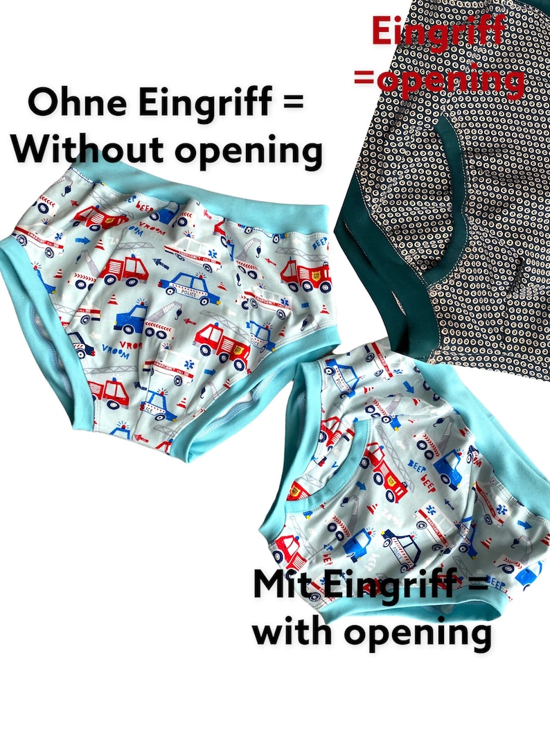 May include: Two pairs of blue and white underwear with a fire truck pattern. The top pair has the text "Ohne Eingriff = Without opening" and the bottom pair has the text "Mit Eingriff = with opening".