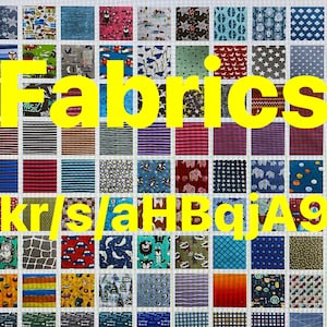 May include: A collection of colorful fabric swatches with various patterns, including stripes, polka dots, and geometric designs. The text "Fabrics" and "Flickr.kr/s/aHBqJA96ch" is displayed on the image.