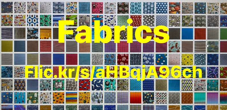 May include: A collection of colorful fabric swatches with various patterns, including stripes, polka dots, and geometric designs. The text "Fabrics" and "Flickr.kr/s/aHBqJA96ch" is displayed on the image.