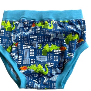 May include: Blue and green underwear with a city skyline and dragon print. The waistband is turquoise.