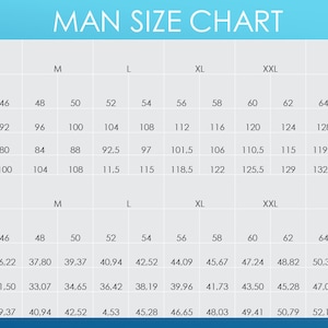 May include: A size chart for men's clothing with measurements in both centimeters and inches. The chart includes sizes from S to 4XL and measurements for chest, waist, and hip.