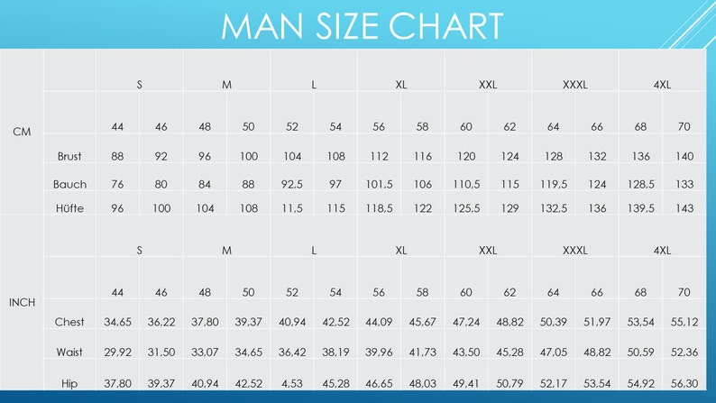 May include: A size chart for men's clothing with measurements in both centimeters and inches. The chart includes sizes from S to 4XL and measurements for chest, waist, and hip.