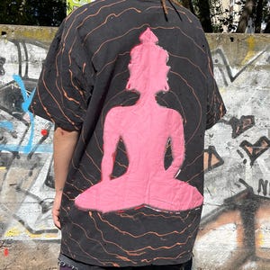 Custom Oversized Buddha Spiral T-Shirt, Pink Patch, Bleached Distressed Grunge Tee