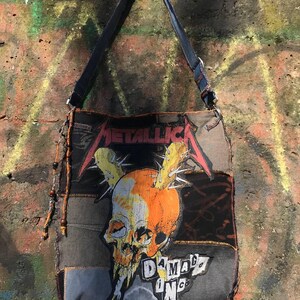 Upcycled Metallica Patchwork Crossbody Bag Crust Punk Denim Messenger Bag Orange Suede 1/1